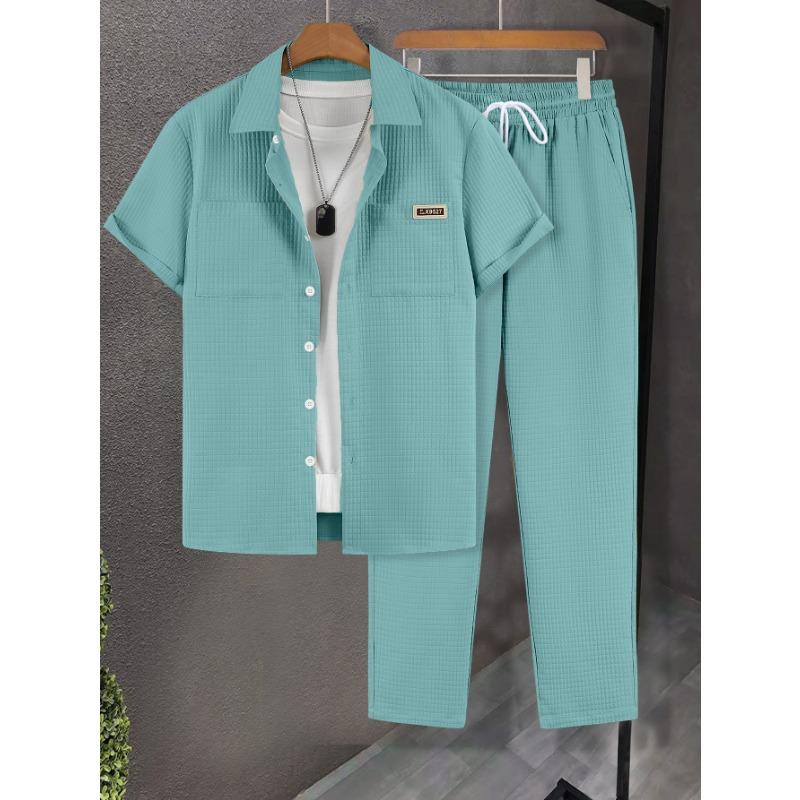 Men's Spring Summer Waffle Texture Two Piece Set Casual Short Sleeve Shirt and Pants Outfit