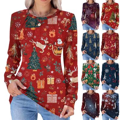 Women's Fashionable Casual Christmas Printed Pleated Comfortable Round Neck Loose Long Sleeve T-Shirt Top