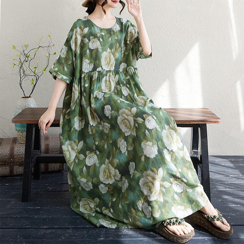 Short Sleeve Plus Size Cotton Vintage Floral New In Dresses for Women Casual Loose Long Summer Dress