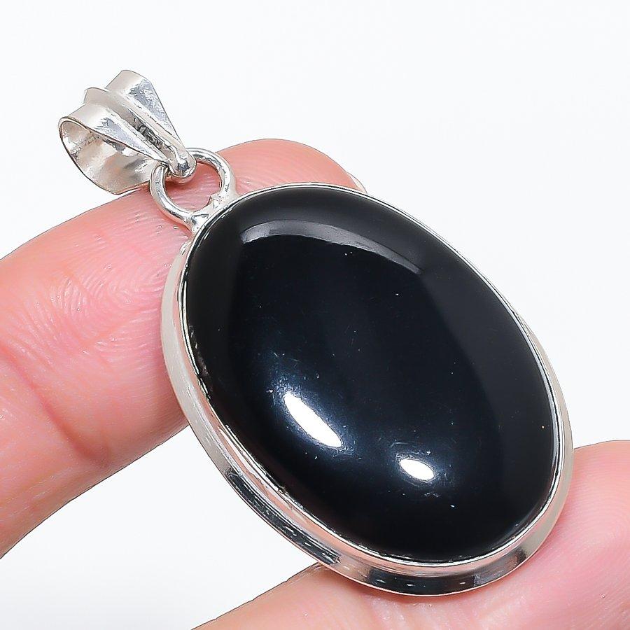 Natural Black Onyx Gemstone 925 Sterling Silver Jewelry Pendant 1.97" a5b00