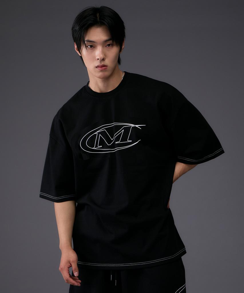 Mihag Stroke Logo Stitch Oversized T-Shirt (Black)