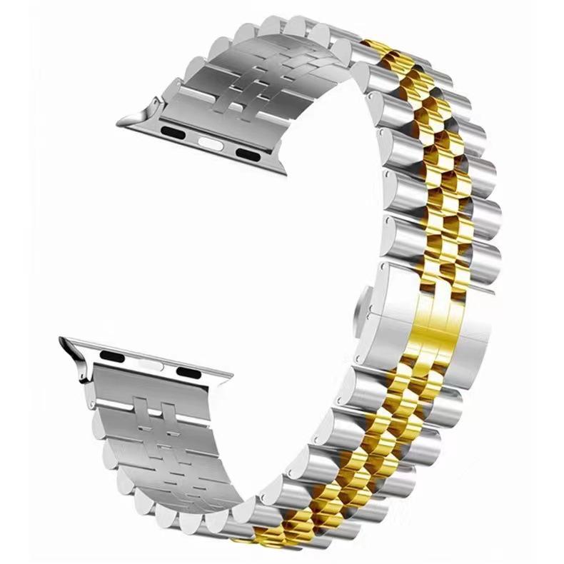 Apple Watch Stainless Steel Butterfly Clasp Strap - Unisex 5-Bead Metal Band.
