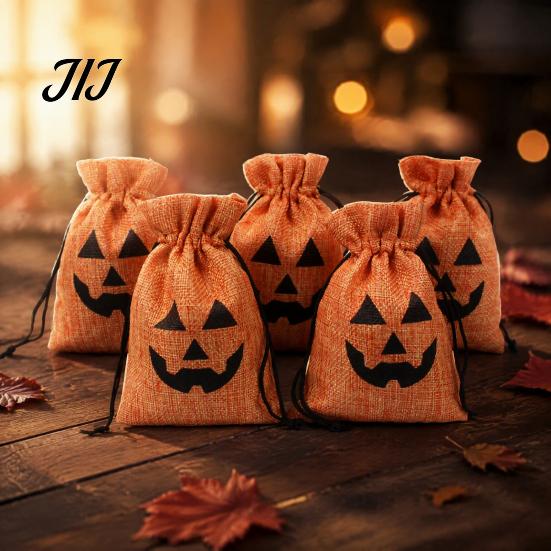 Bulk Candy Containers 5Pcs Halloween Burlap Drawstring Bags, Treat Pouch for Party Favor, Rustic Favors Goodie Trick or Reusable Gift Packaging Sacks