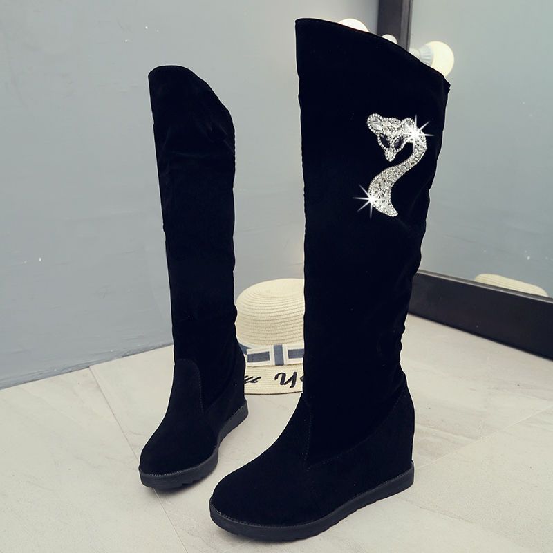 Autumn and Winter Velvet Medium and Long Boots High Heel Women's Suede Medium Boots Rhinestone Slope Heel Long Inner Height Increasing Women's Knig