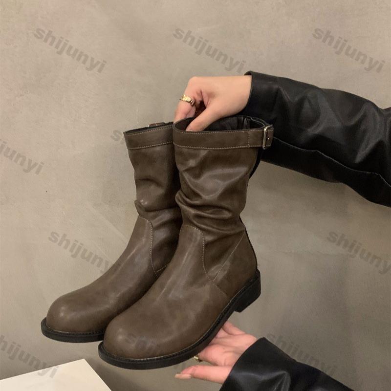 Fashion Women Round Toe Pile Chunky Heel Ankle Boots Comfortable Lightweight Fashion Mid-calf Knight Boots Autumn Casual Outdoor Shoes