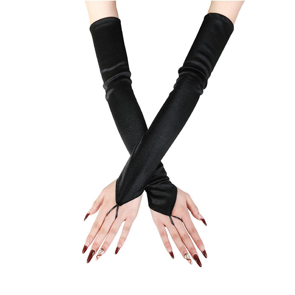 

Vintage Hook Finger Women Solid Satin Long Gloves Bride S Wedding Dress Etiquette Performance Party Black Fingerless Soft Gloves 48cm