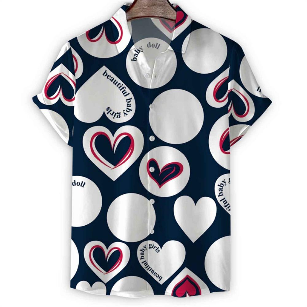 Cartoon 3d Print Love Heart Hawaiian Shirt Men Women Summer Short Sleeve Tees Lapel Button Shirts Tops Street Oversized Blouse