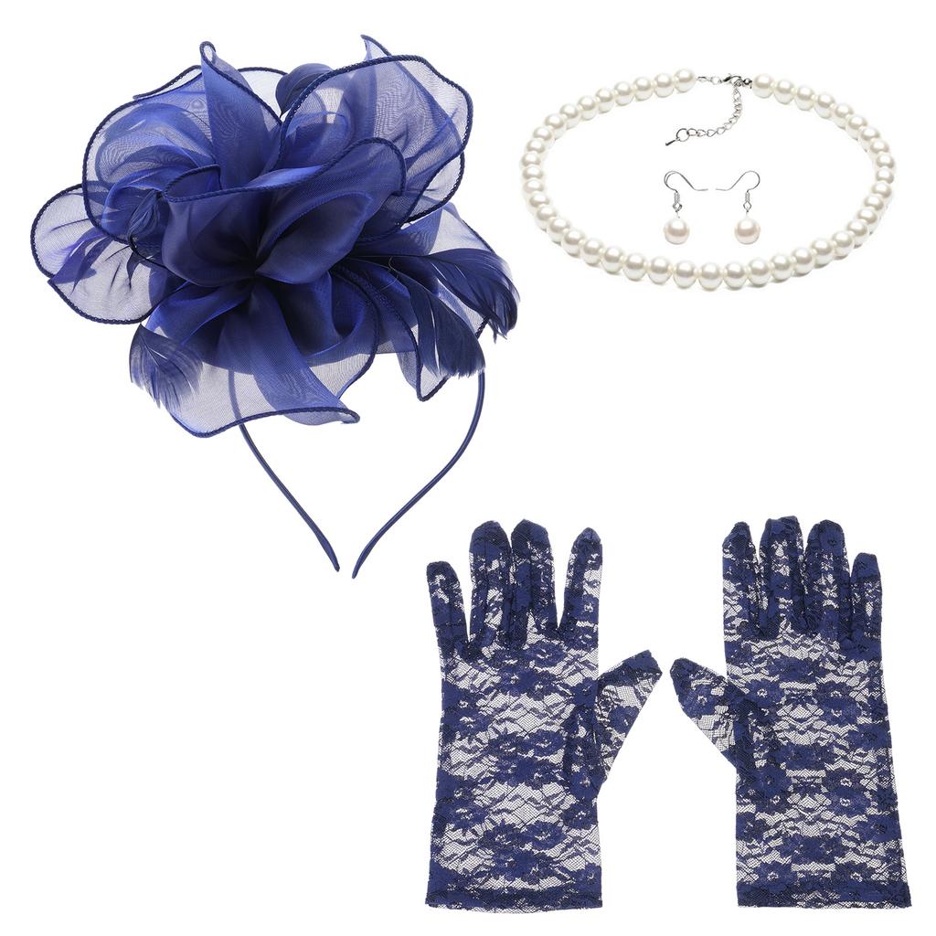 Lady Fascinators Headband Elegant Pearls Opera Necklace Earrings Lace Gloves Set 1920s Versatile Headwear