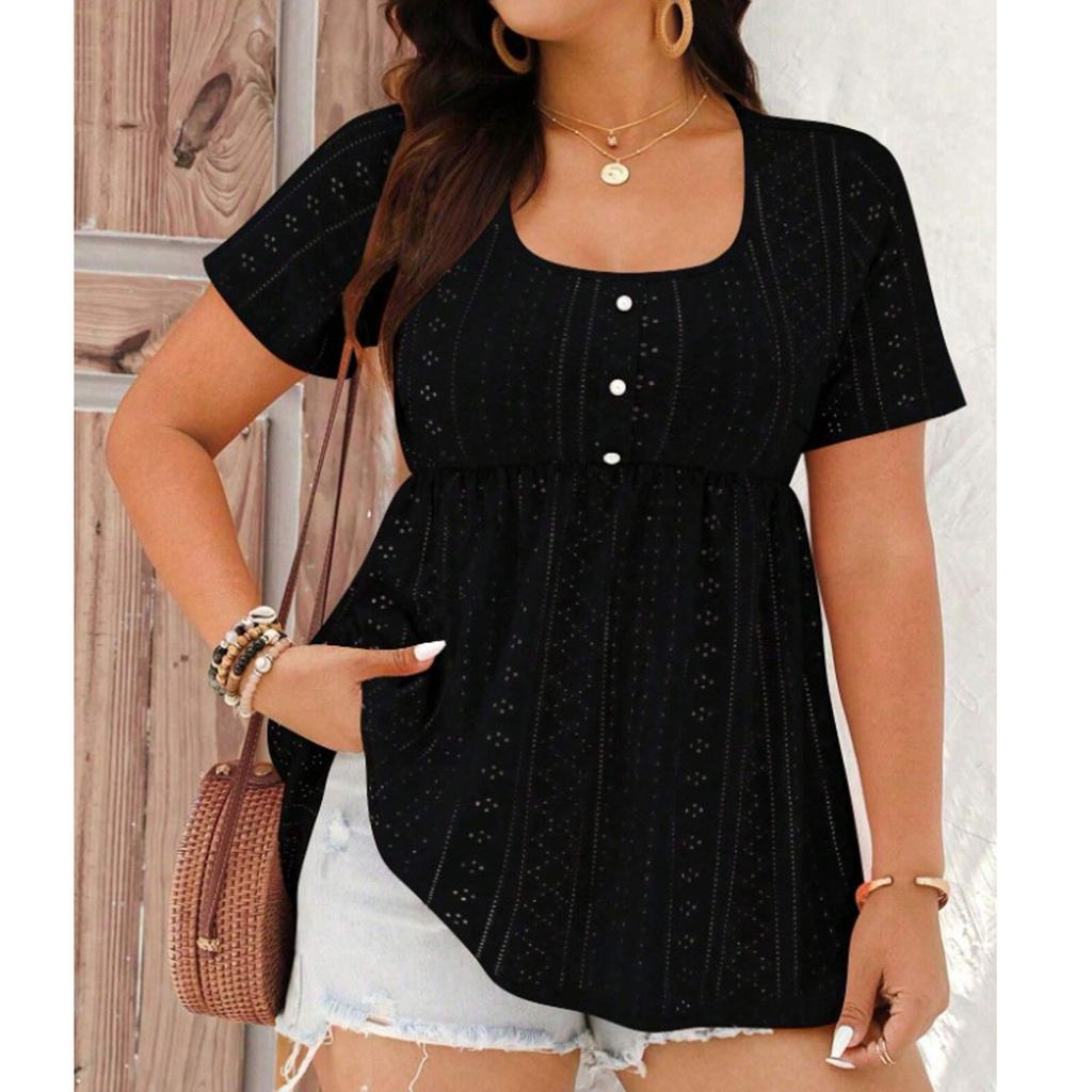 Women's Plus Size Casual Loose Round Neck Short Sleeved Pleated Button Irregular Hem Top