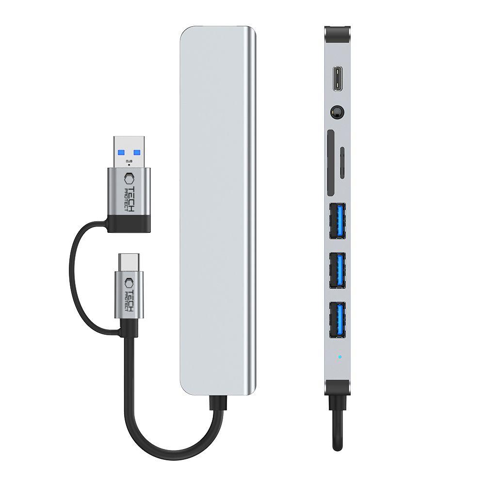 HUB rozdzielacz wielofunkcyjny 8w1 USB-C USB-A SD/TF AV3.5 - szary