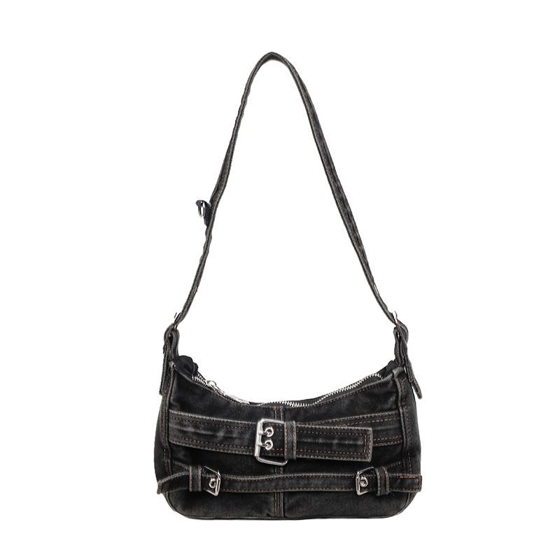 Y2K Washed Denim Shoulder Bag with Buckle Detail Zipper Closure Casual Underarm Purse for Daily Use