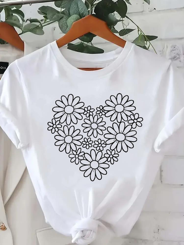 (Asian Size) trend flower love heart o-neck Lady Fashion Women Graphic Tee Short Sleeve T-shirts Casual Clothing Printed Female Top T Shirt