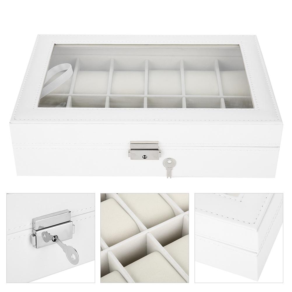 Držák na hodinky Vitrína na náramkové hodinky Šperkovnice 12 přihrádek PU kůže Bílá