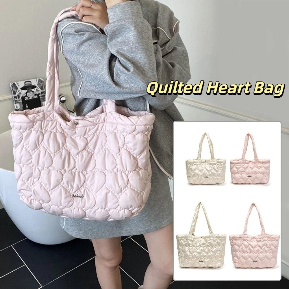 Large Capacity Puffy Tote Bag Korean Women's Handbag Elegant Quilted Heart Bag Shoulder Bag