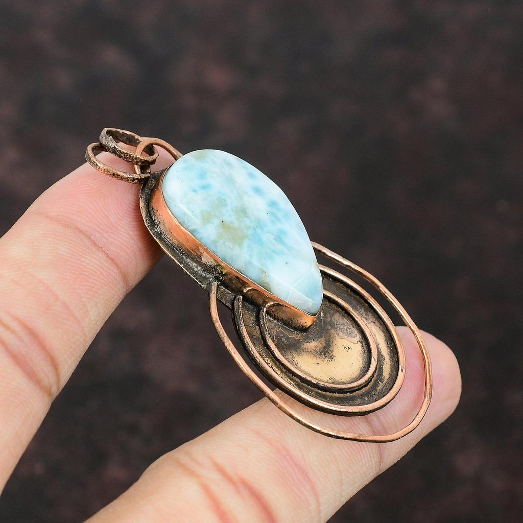 Larimar Pendant Copper Pendant Antique Pendant Larimar High Qaulity Gemstone Jewelry Handmade Boho Style Pendant Gift For Her Copper Jewelry