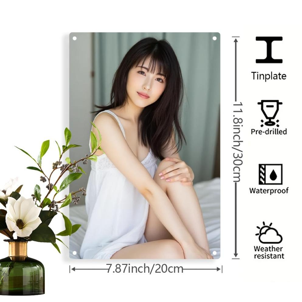 

Hisun Tin Sign HD Metal Wall Art Elegant Japanese Woman with ShoulderLength Wavy Black Hair in White Spaghetti Strap Dress Sitting Gracefully 20x30cm