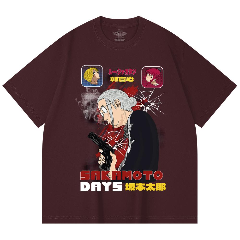 

230 Gsm 100% Cotton Sakamoto Days V5 Print Unisex Heavy Cotton T Shirt 2XL вина червоного кольору