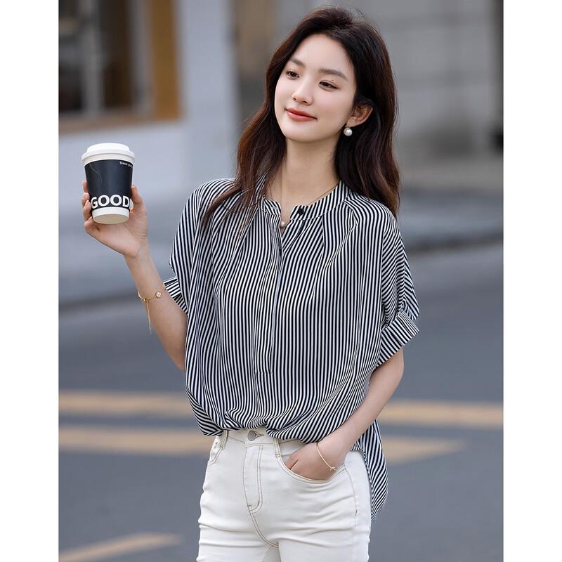 Women's 75D Chiffon Striped Stand Collar Shirt