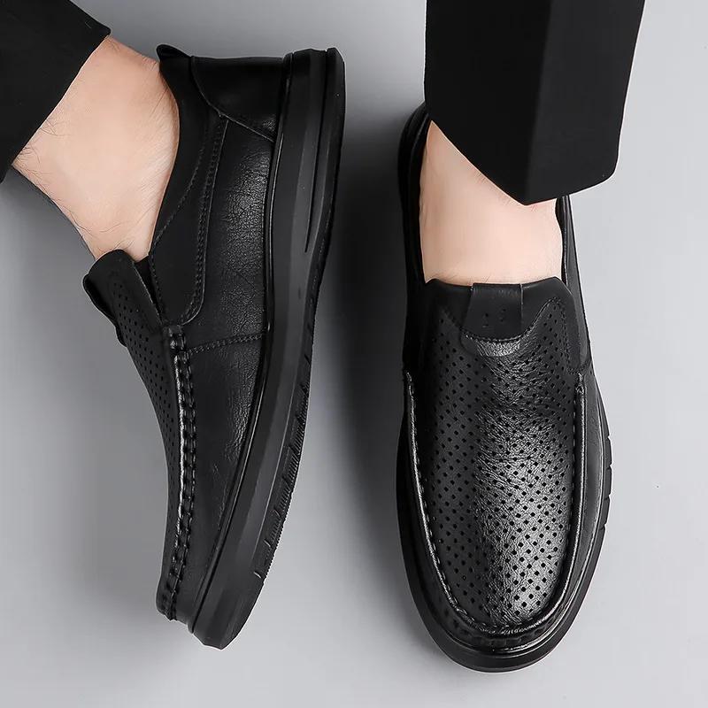 Men Casual Leather Shoes Fashionable Men Hollow Breathable Slip On Soft Leather Thick Soled Casual Leather Shoes