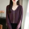 2026 Autumn Women's V-neck Wool Blend Knitwear Sweater with Rhinestone, Long Sleeve Base Layer Top