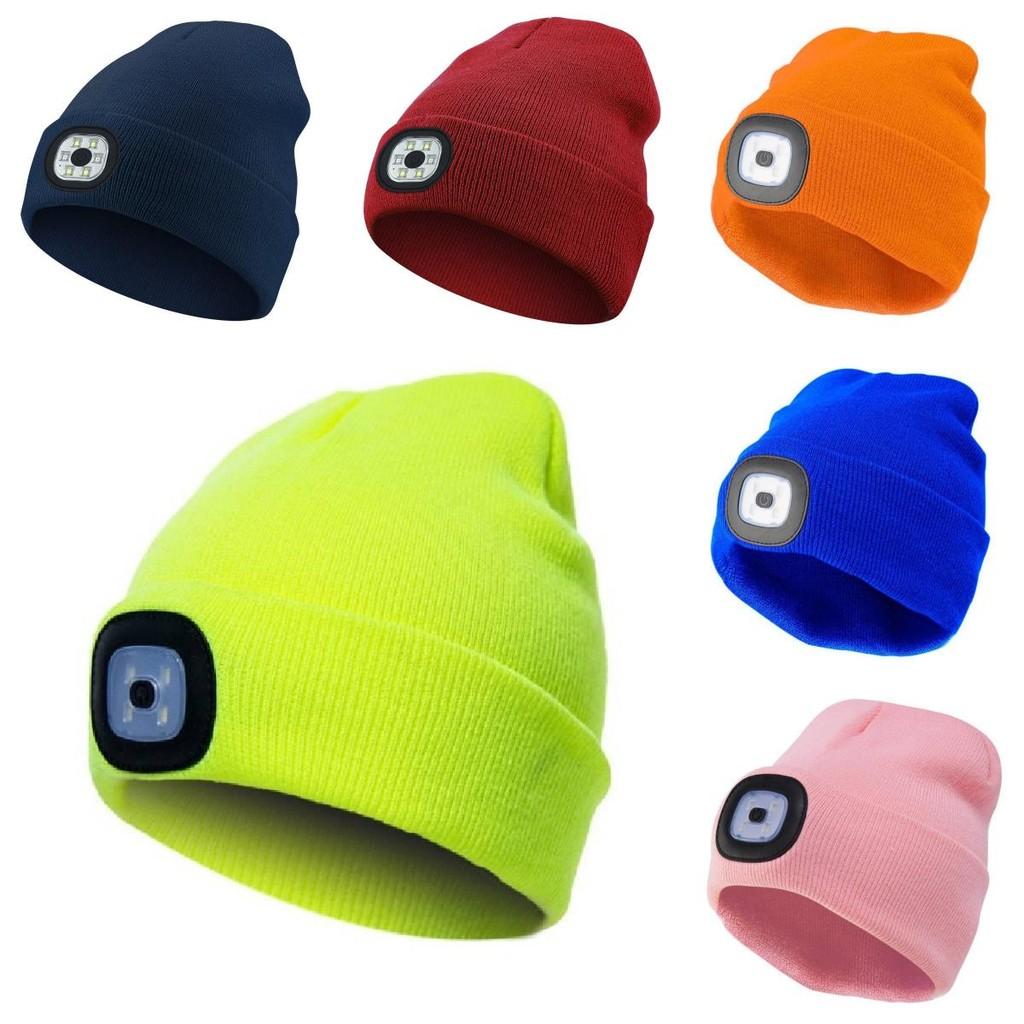 Black Led Knitted Beanie For Outdoor Night Running With Rechargeable Light Feature