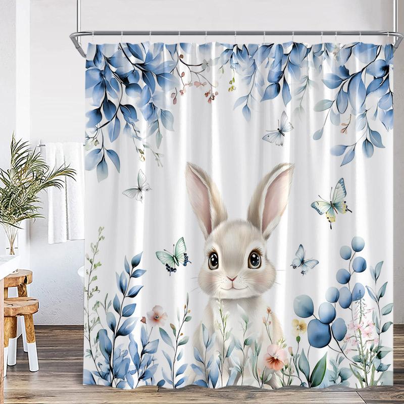 Easter Shower Curtains Watercolour Floral Leaves Butterfly Cute Rabbit Bath Curtain Fabric Home Bathroom Decoration With Hooks