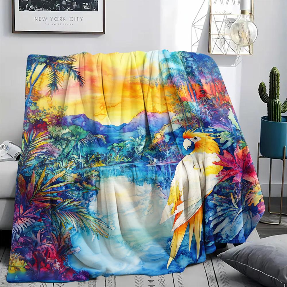 Rainforest Parrot Print Flannel Blanket, High Quality Comfortable for All Seasons, Home Decor, Warmth and Comfort, Perfect for Christmas Gifts