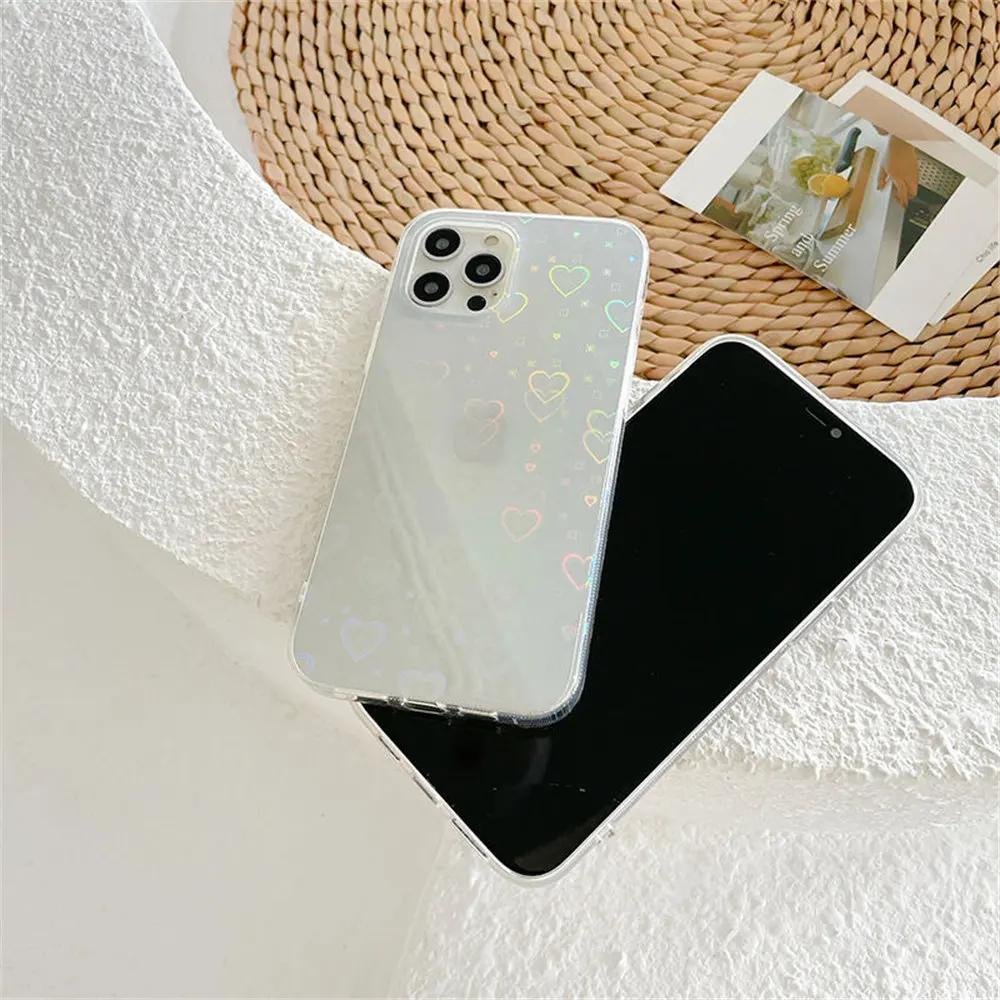 Fashion Gradient Laser Love Heart Pattern Clear Phone Case For iPhone 11 12 13 Pro Max X XS XR 7 8 Plus SE 2020 Shockproof Back