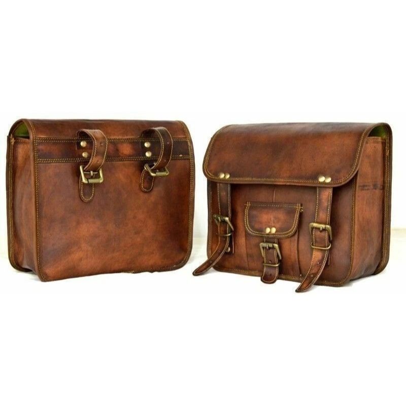 Leather Motorcycle Panniers Saddle Pouch Bag Side Real Two Bags New