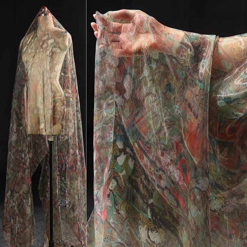

Vintage Brown Dunhuang Mural Printed Tulle Fabric Lightweight Artistic DIY Dressmaking Material for Shirt Dress Women s Garment 100x143cm дубильная кора