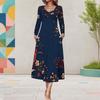 Women Plus Size V Neck Long Sleeve Floral Printed Navy Blue A Line Midi Dress With Pockets