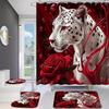 Mystical White Leopard With Red Roses Bathroom Set - Waterproof Shower Curtain, Toilet Lid Cover, Bath Mat, And Contour Mat