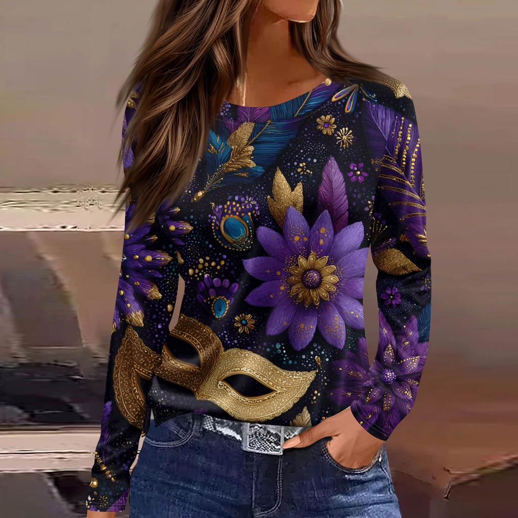 Women's Fashionable Casual Neck Long Sleeve Hem Split Carnival Print T-Shirt Top