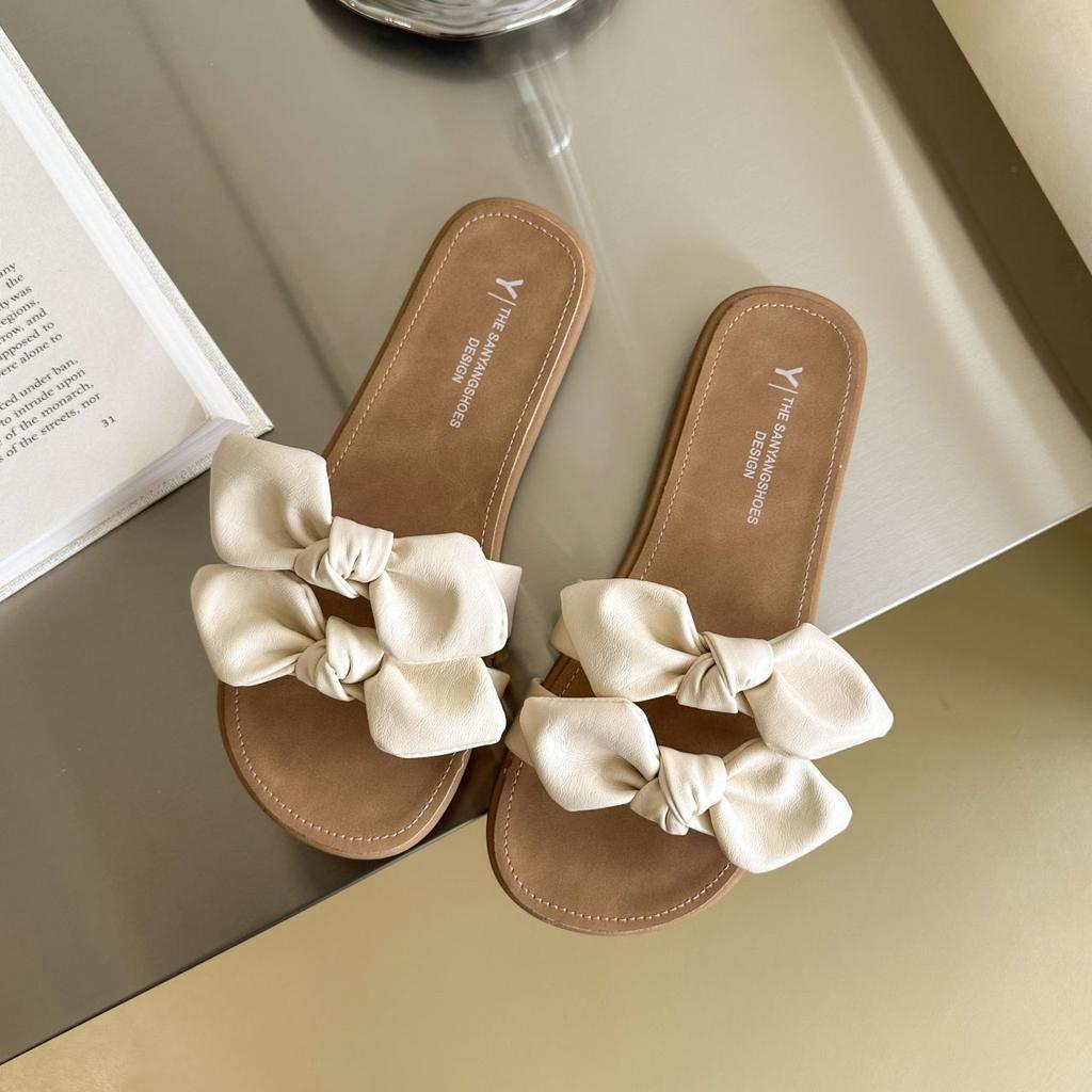 Versatile fairy with skirt beautiful one-word sandals 2025 new soft bottom bow slippers women's summer wear