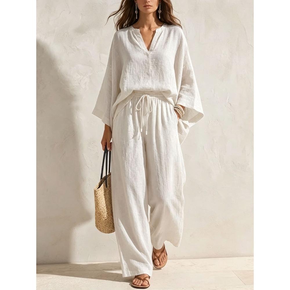 Spring and Summer New Collection Solid Color Two-Piece Set with V-Neck and Comfortable Loose Fit