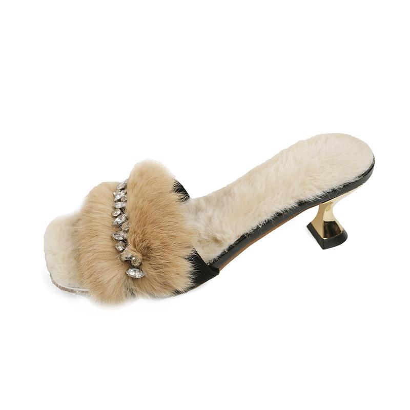 Fashion Aphixta Furry Warm Women's Slides Luxury Crystal Slip-On Autumn Spring Shoes with Spike Heel Long Plush Modern Slippers Shoes