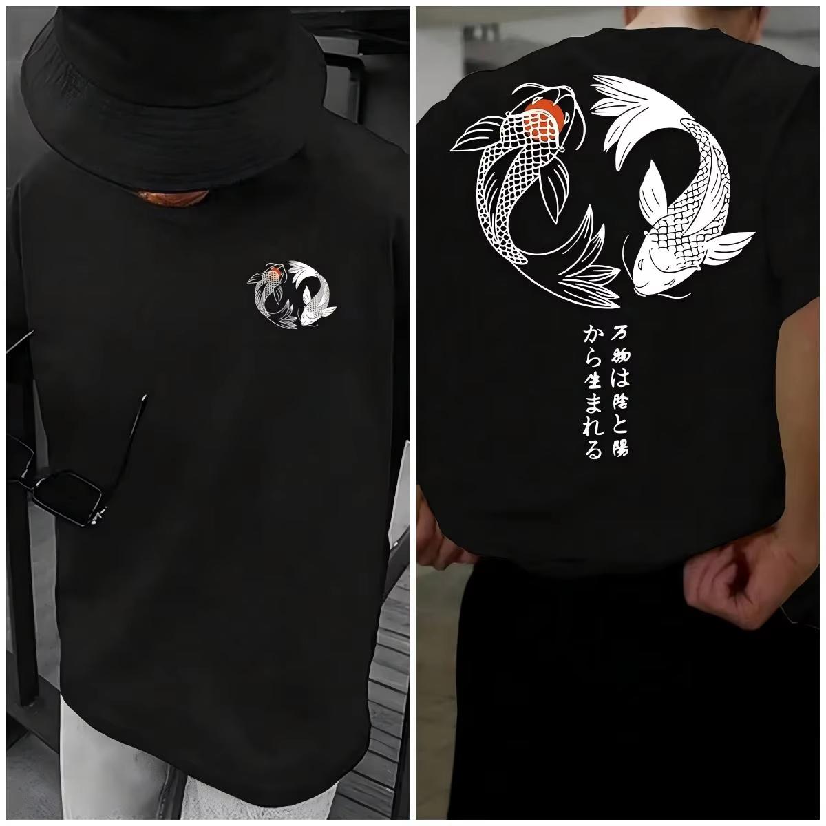 

Fashion pattern Koi Harajuku Japanesestyle mens 100 cotton fun summer casual comfortable Tshirt M