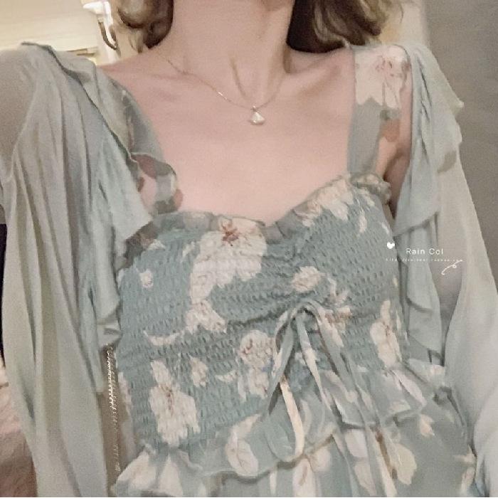 New gentle wind tea break French chiffon long dress floral suspender dress cardigan two-piece suit women s summer s [ 40-47.5kg ]