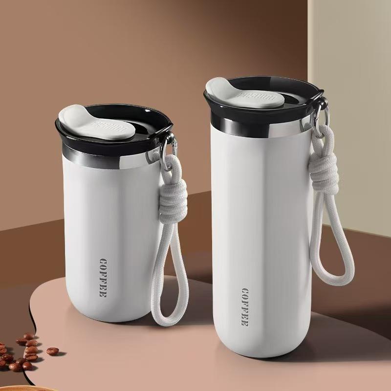 Double-Layer Vacuum-Insulated Coffee Mug with Pull-Up Handle 304 Stainless Steel Thermos Outdoor Portable Sports Water Bottle Solid Color Water Cup