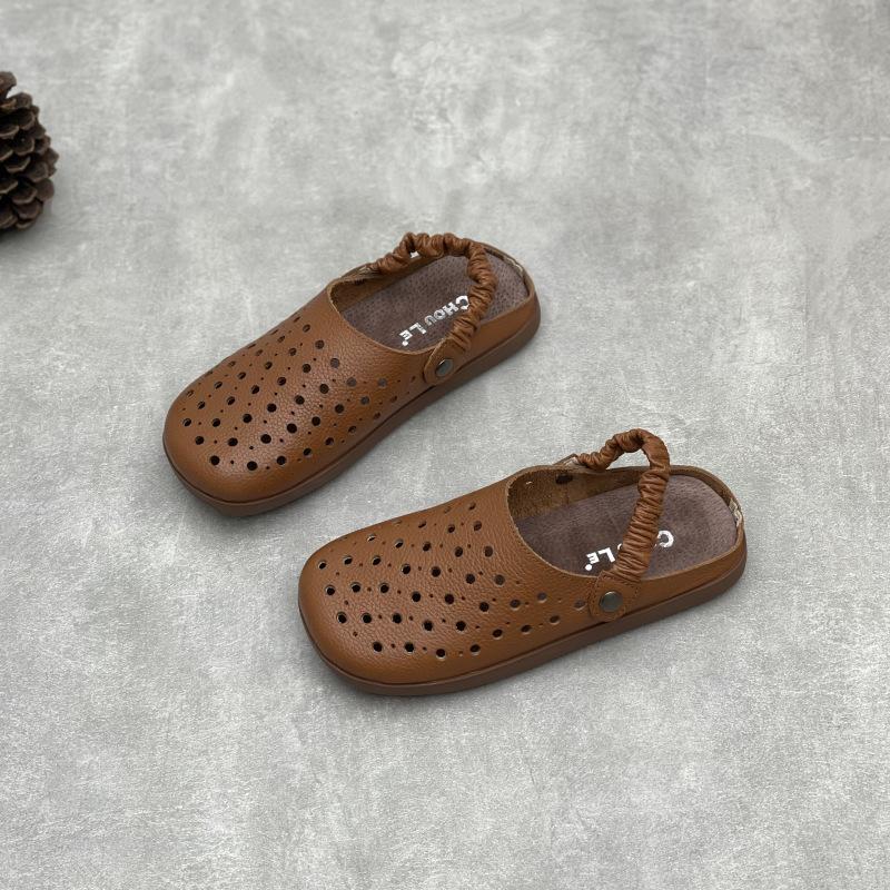 Johnature Handmade Genuine Leather Hollow-out Flat Sandals Comfortable Soft Soled Women's Slip-on Shoes