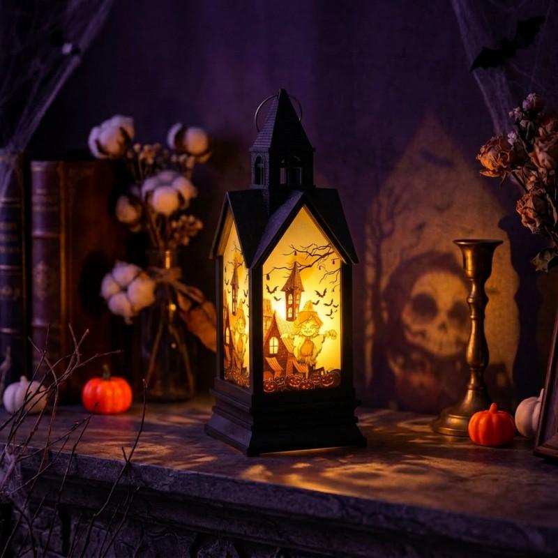 Halloween Decorative Lantern With Castle Pumpkin Witch Scarecrow Skeleton Design Battery Operated LED Candle Light Party Home