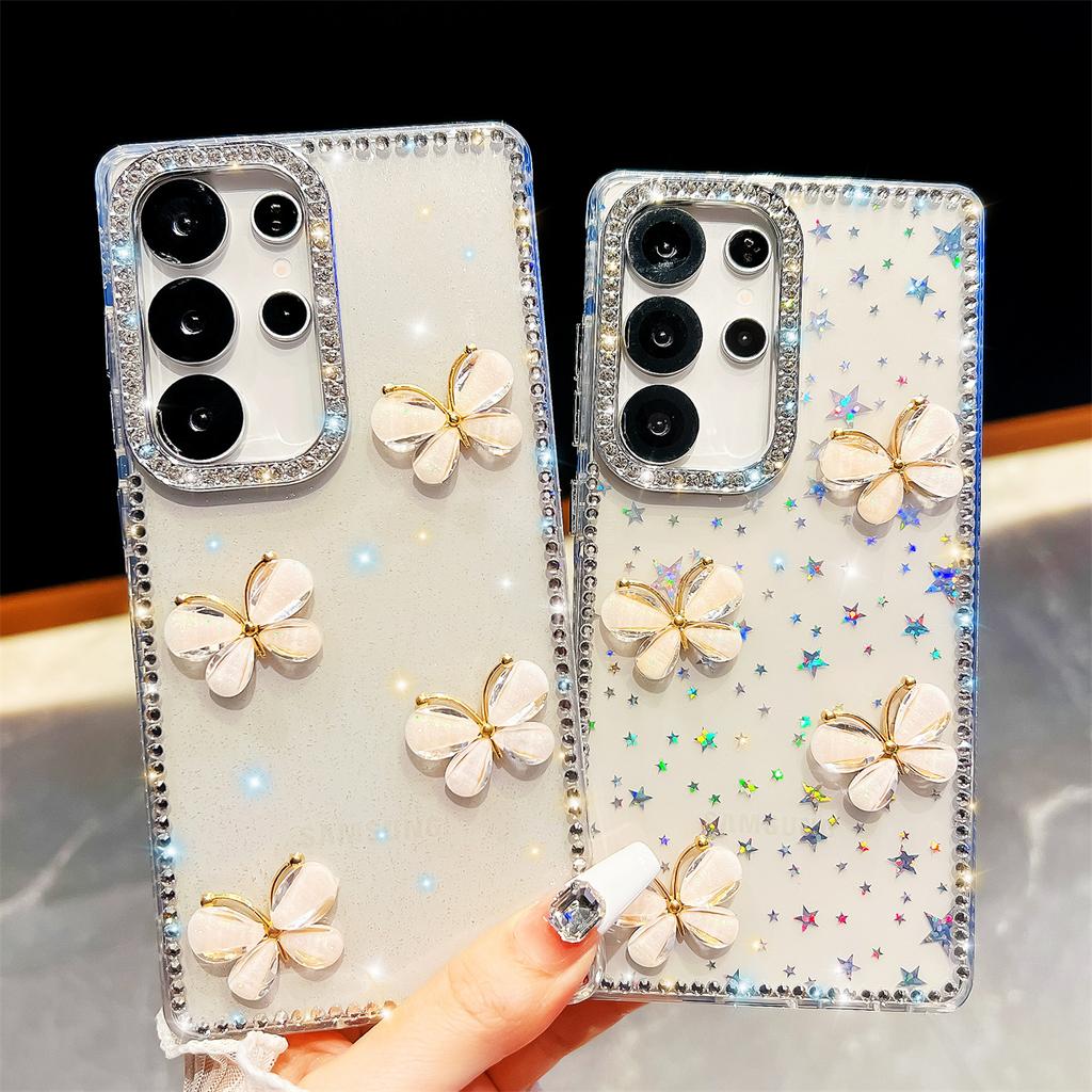 Handmade Sparkly Diamond Glass Butterfly IMD Phone Case, Compatible with Samsung S23 Ultra/S24/S25 & A07/A15/A16/A17/A26/A35/A36/A55/A56