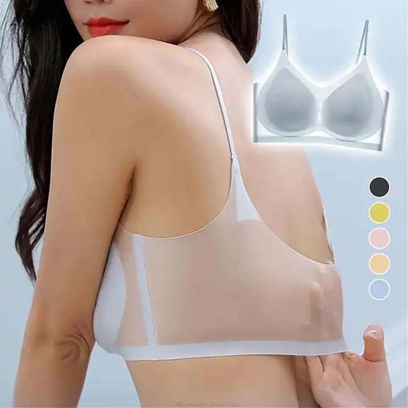Sujetador acolchado de seda de hielo ultrafino, ropa interior sin costuras, sección delgada para mujer, tirantes hermosos, chalecos en la espalda, sujetador para dormir pequeño con pecho grande