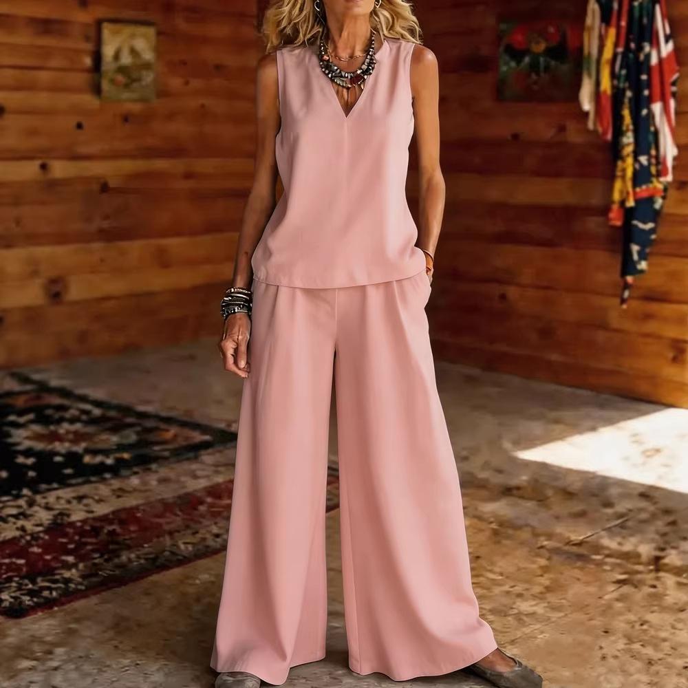 2026 Amazon Europe and the United States Cross-border Explosion Solid Color Elegant Two-piece Set V-neck Vest and Wide-leg Pants Set Women's Clothing