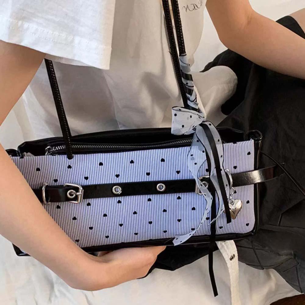 Sweet Blue Shoulder Bag Canvas Stripe Heart Underarm Bags All-match French Stick Handbag  School