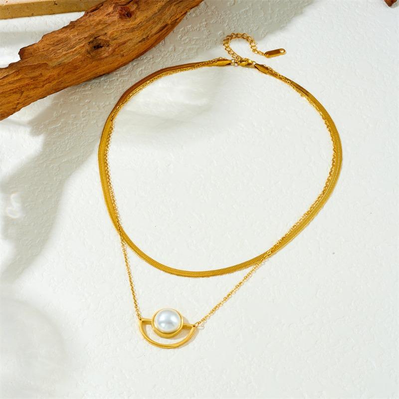 Gold Plated Layered Herringbone Pearl Necklace, Dainty Double Chain Snake Choker with Freshwater Pearl Pendant, Luxury Jewelry for Women Gift золотой