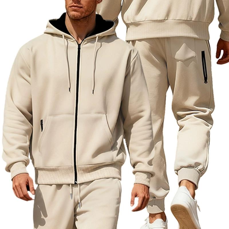Ensemble de sport à capuche en polaire pour homme Automne Hiver Manches Longues Décontracté Fermeture éclair Thermique Confortable Respirant Vêtement d'extérieur
