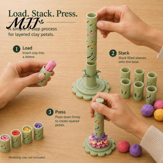 Pottery Studio Accessories Modular Clay Bloom Maker, Flower Shaping Tool with 9 Sleeve Patterns, 3D Craft Tools Printed DIY Stackable Press