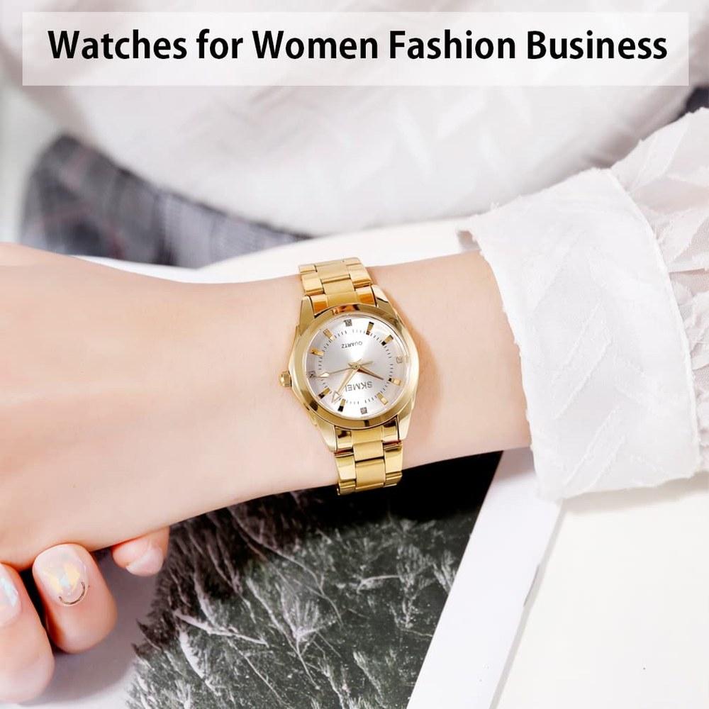 Skmei Women's Watch Gold Fashionable Stainless Steel Waterproof Classic Analog Quartz Casual Elegant Gift