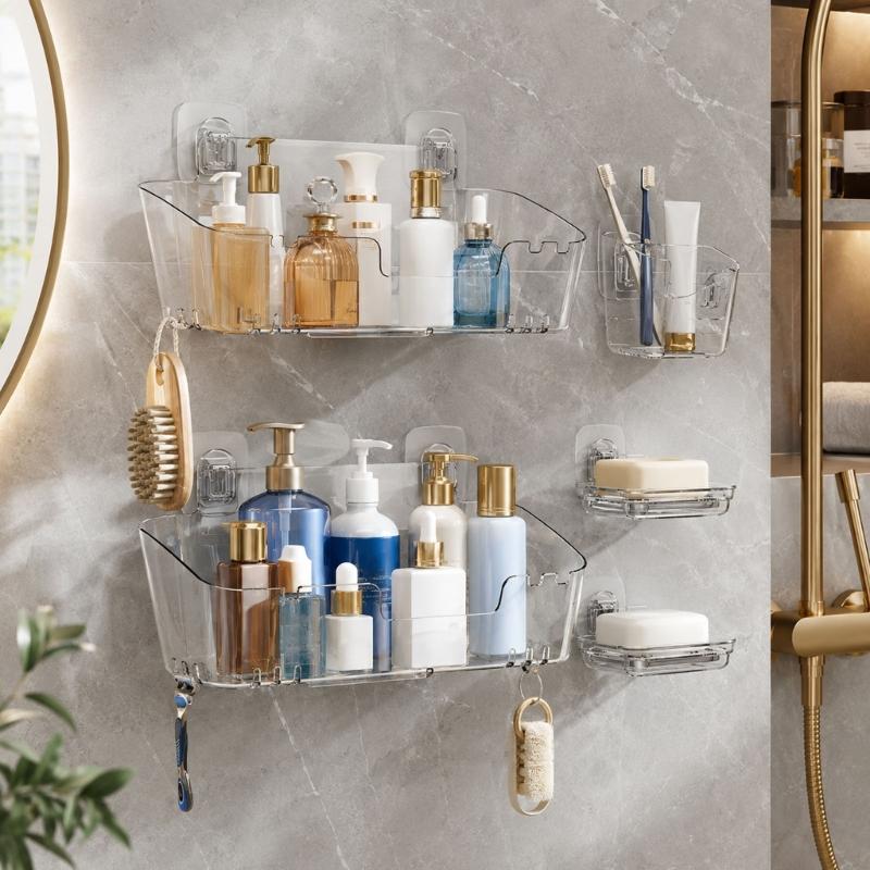 Bathroom Wall Shelf with Open Base, Adhesive Shower Storage Rack for Mounting of Bottles, Soap and Daily Use Items near Sink Side Storage